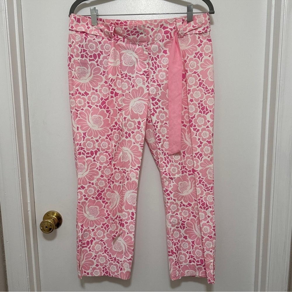 Lilly Pulitzer Pink Floral Capri Pants with Tie Belt Women’s